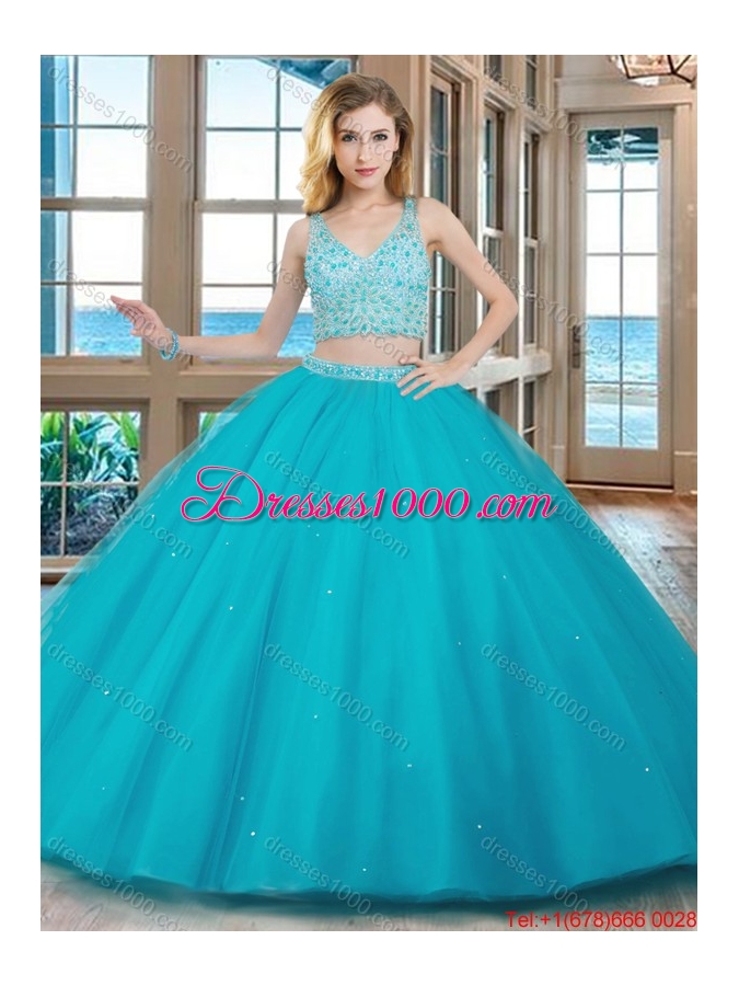 Two Piece Puffy V Neck Tulle Beaded Teal Quinceanera Dresses with Zippper Up