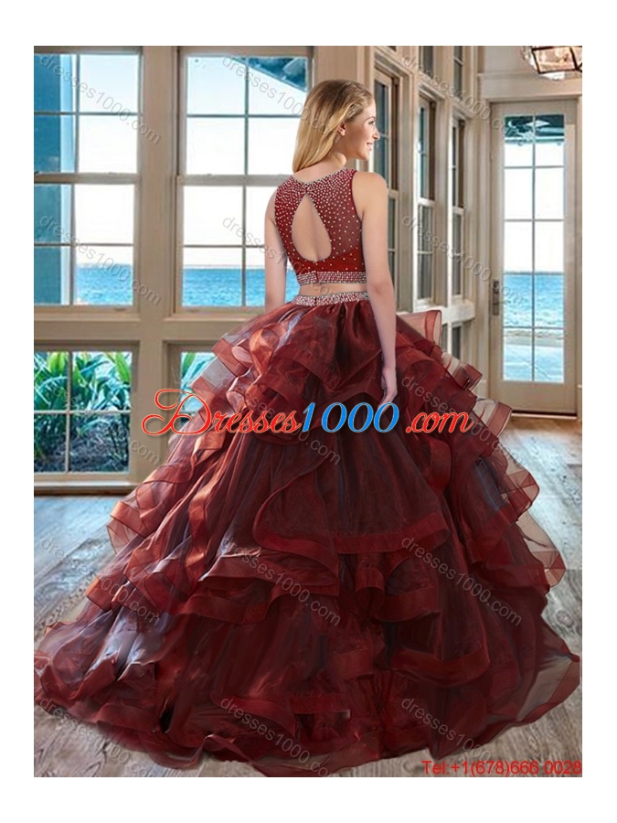 Two Piece Scoop Beaded Bodice Open Back Detachable Quinceanera Dresses in Burgundy