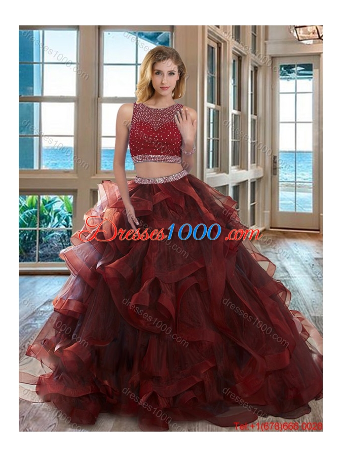 Two Piece Scoop Beaded Bodice Open Back Detachable Quinceanera Dresses in Burgundy