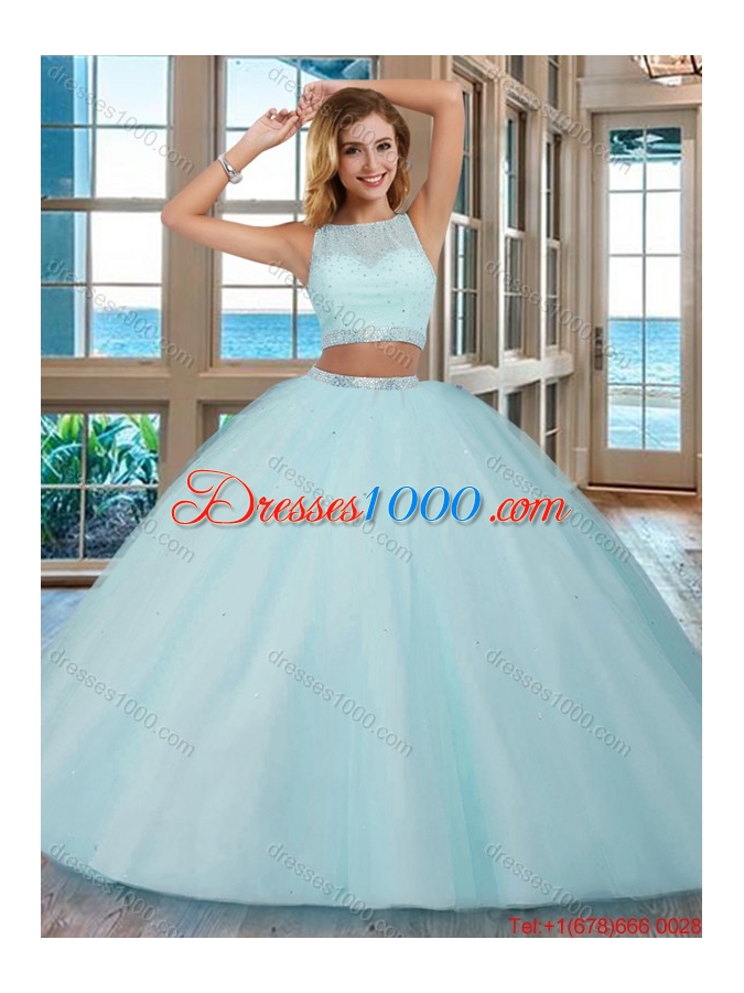 Wine Red Puffy Scoop Beaded Bodice Open Back Tulle Two Piece Quinceanera Dresses