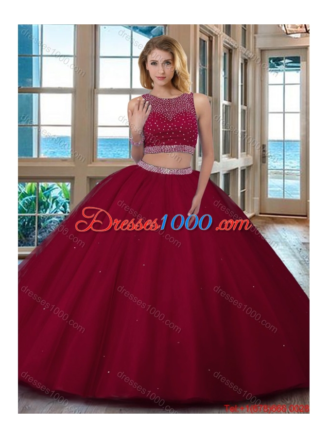 Wine Red Puffy Scoop Beaded Bodice Open Back Tulle Two Piece Quinceanera Dresses