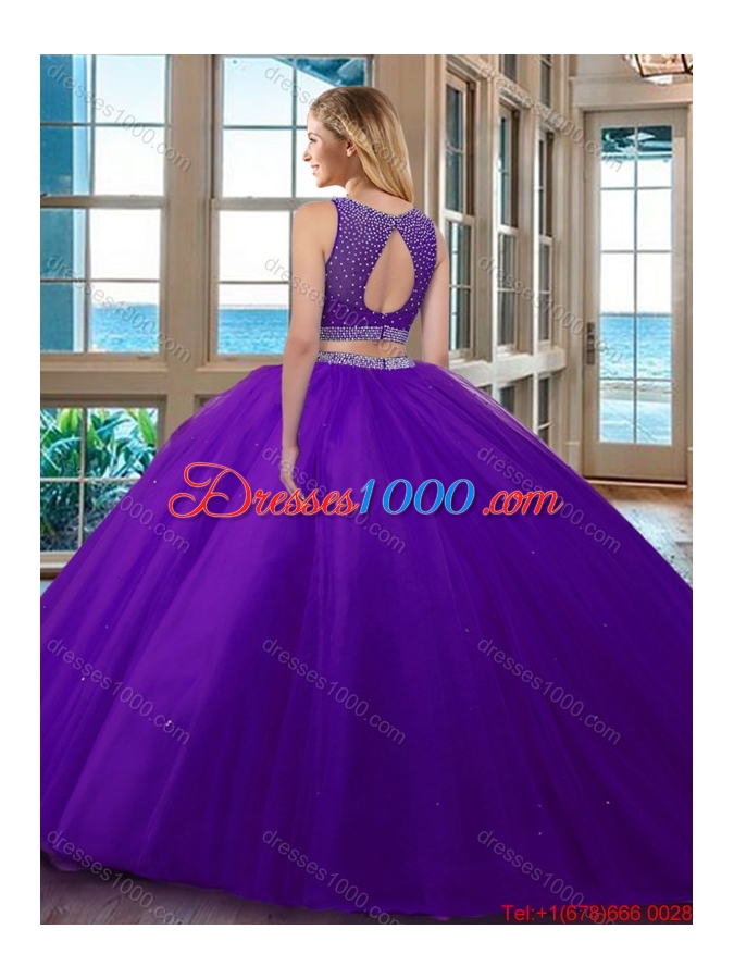 Wine Red Puffy Scoop Beaded Bodice Open Back Tulle Two Piece Quinceanera Dresses