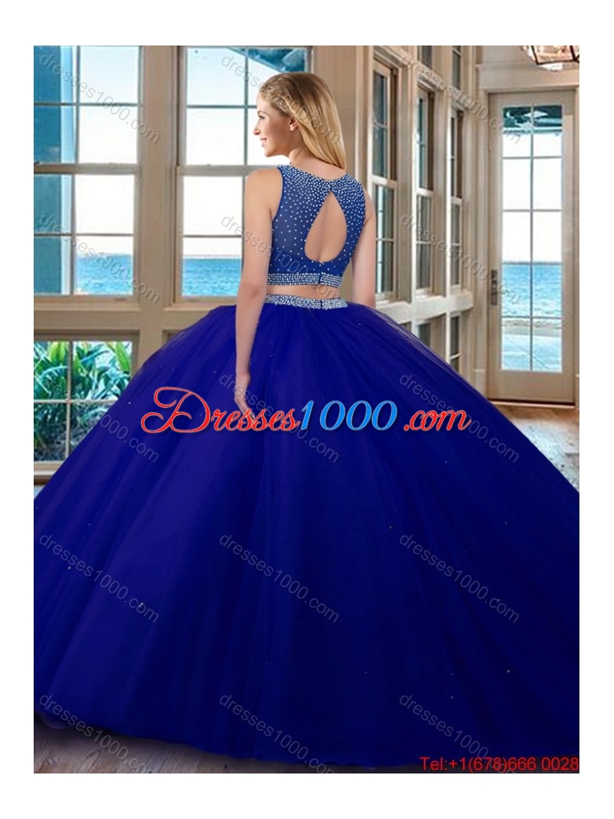 Wine Red Puffy Scoop Beaded Bodice Open Back Tulle Two Piece Quinceanera Dresses