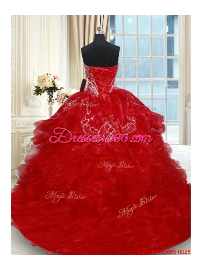Classical Beaded Brush Train Red Quinceanera Dresses with Embroidery and Ruffles