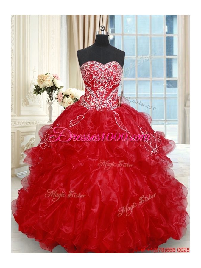 Classical Beaded Brush Train Red Quinceanera Dresses with Embroidery and Ruffles