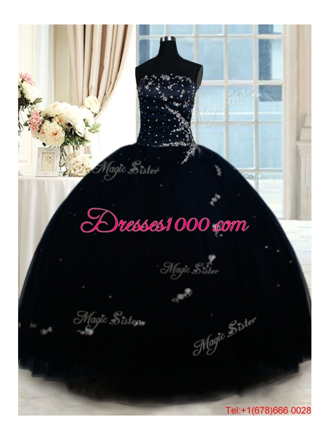 Exclusive Puffy Skirt Strapless Beaded Quinceanera Dress in Navy Blue