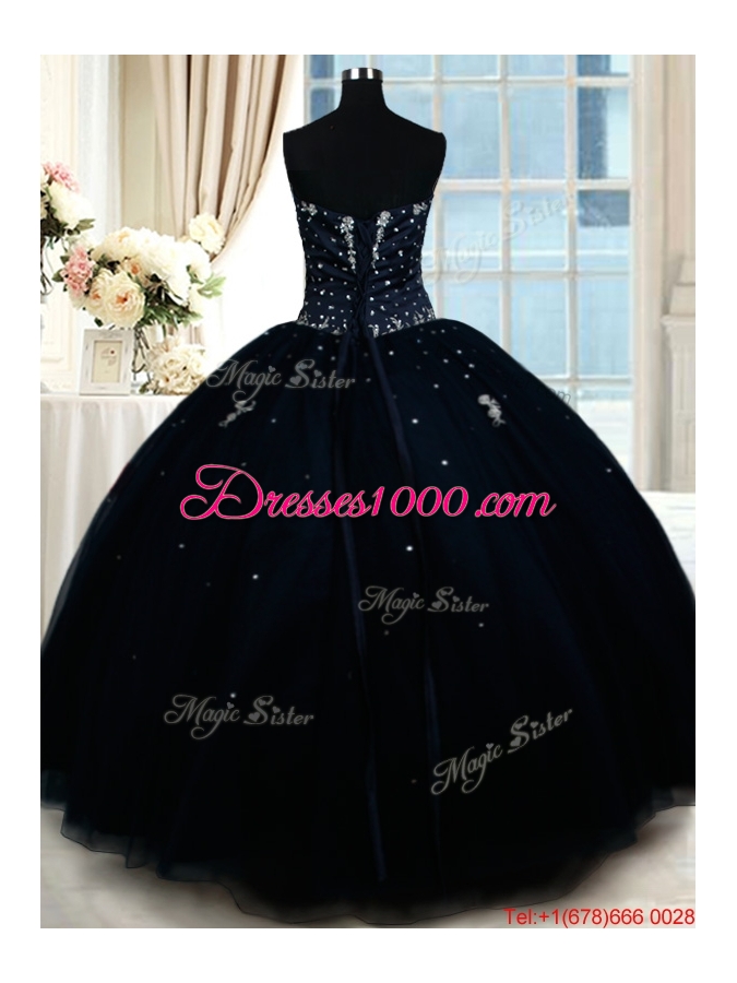 Exclusive Puffy Skirt Strapless Beaded Quinceanera Dress in Navy Blue