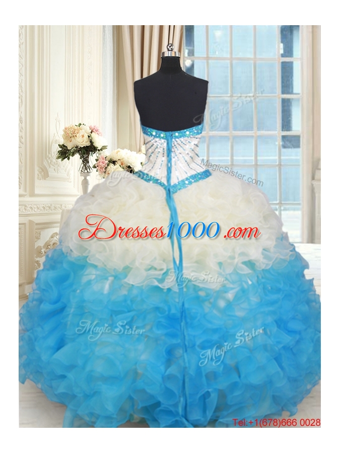 Fashionable Ruffled and Beaded Bodice Quinceanera Dress in Champagne and Blue
