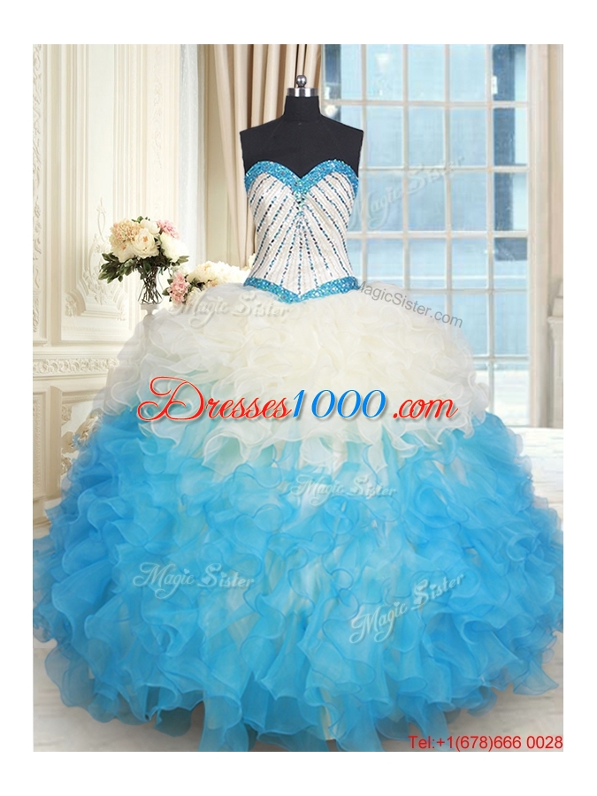 Fashionable Ruffled and Beaded Bodice Quinceanera Dress in Champagne and Blue