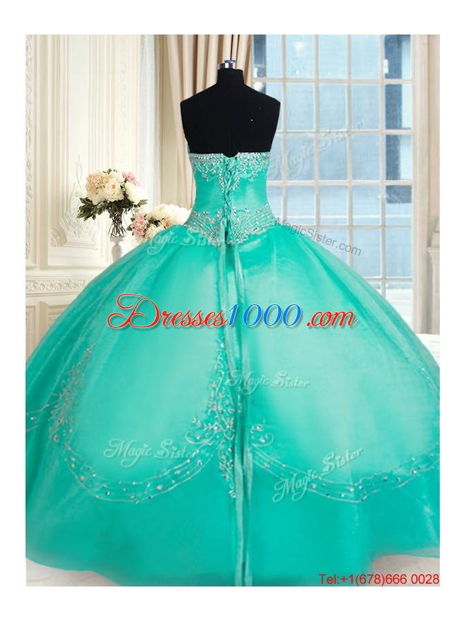 Fashionable Strapless Applique and Beaded Organza Quinceanera Dress in Turquoise