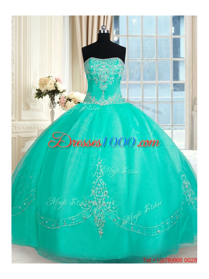 Fashionable Strapless Applique and Beaded Organza Quinceanera Dress in Turquoise