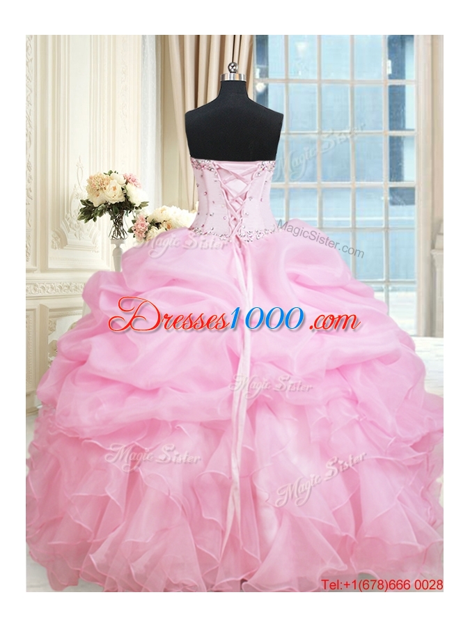 Latest Ruffled Beaded and Bubble Rose Pink Quinceanera Dress in Organza