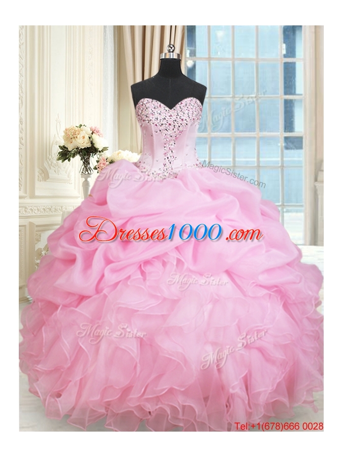 Latest Ruffled Beaded and Bubble Rose Pink Quinceanera Dress in Organza