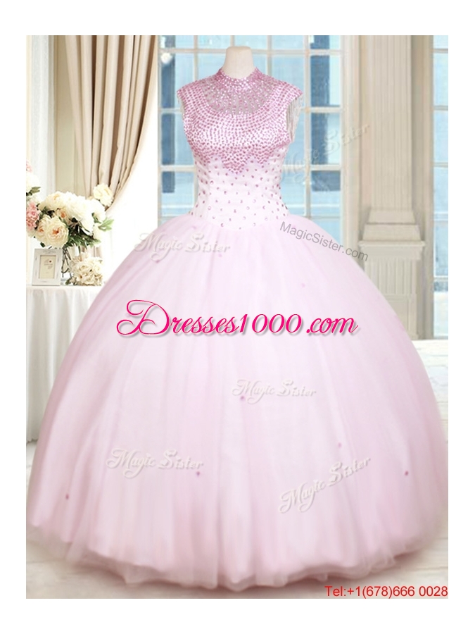 Latest See Through Beaded Decorated High Neck Zipper Up Baby Pink Quinceanera Dress in Tulle