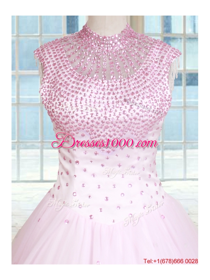 Latest See Through Beaded Decorated High Neck Zipper Up Baby Pink Quinceanera Dress in Tulle