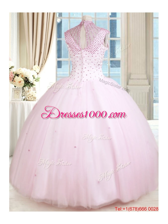 Latest See Through Beaded Decorated High Neck Zipper Up Baby Pink Quinceanera Dress in Tulle