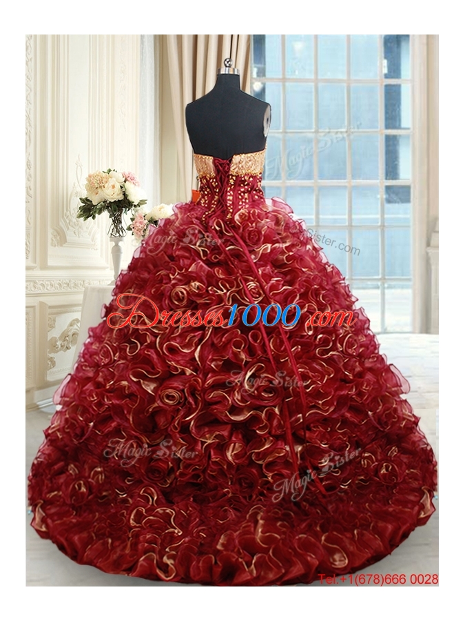 Luxurious Beaded Brush Train Burgundy Quinceanera Dress in Rolling Flowers