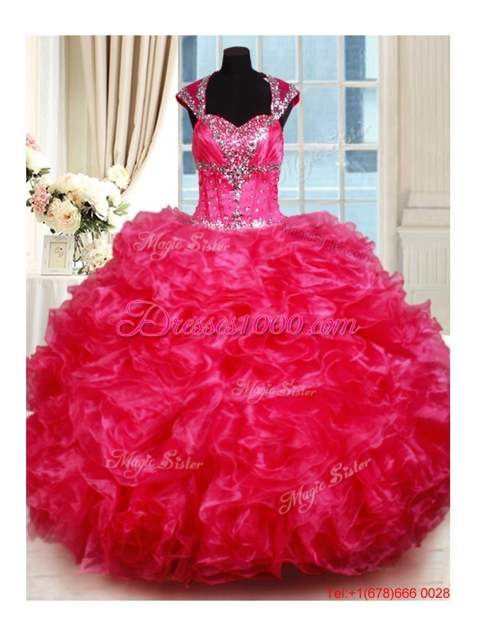 Luxurious Open Back Ruffled and Beaded Hot Pink Quinceanera Dress with Cap Sleeves