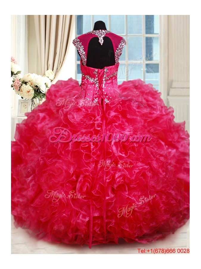 Luxurious Open Back Ruffled and Beaded Hot Pink Quinceanera Dress with Cap Sleeves