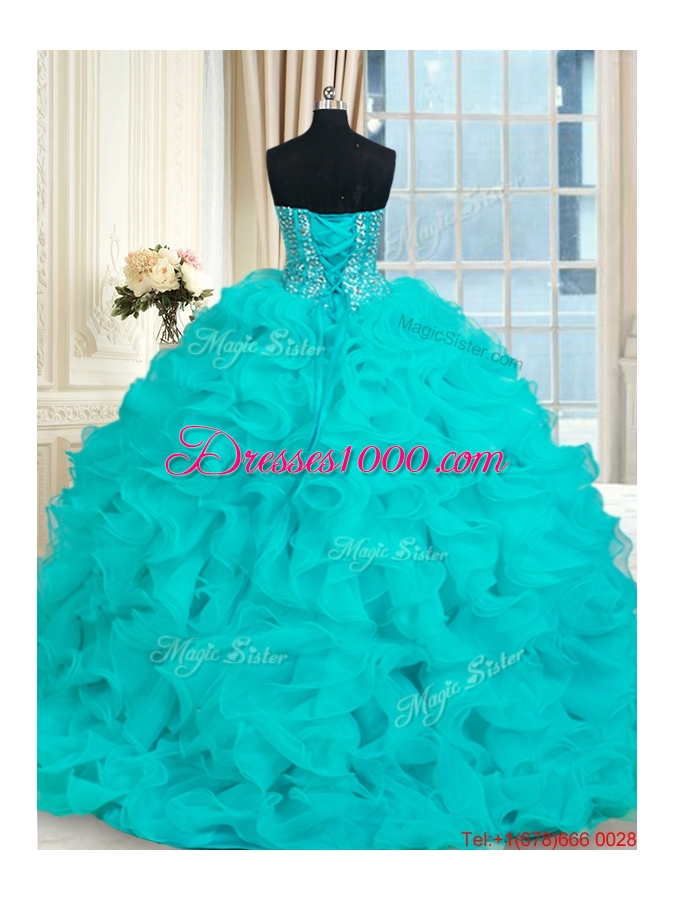 Luxurious Visible Boning Beaded Bodice Aquamarine Quinceanera Dress with Brush Train