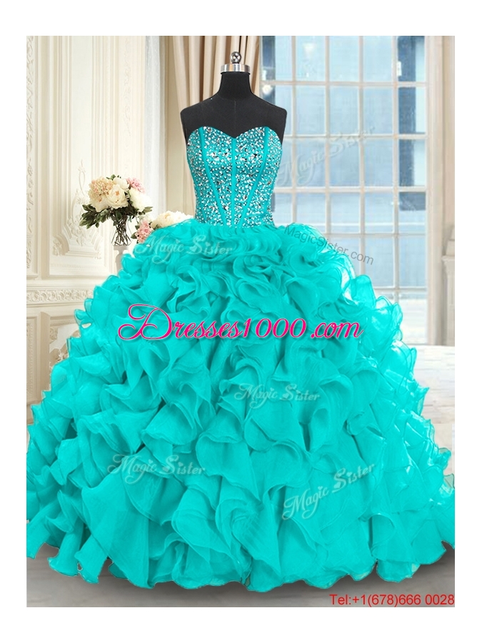 Luxurious Visible Boning Beaded Bodice Aquamarine Quinceanera Dress with Brush Train
