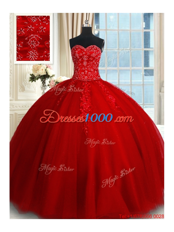 Modern Big Puffy Tulle Red Quinceanera Dress with Appliques and Beading