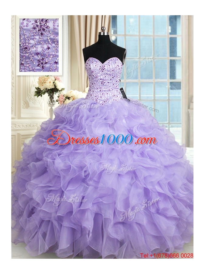 Most Popular Organza Ruffled and Beaded Bodice Quinceanera Dress in Lavender