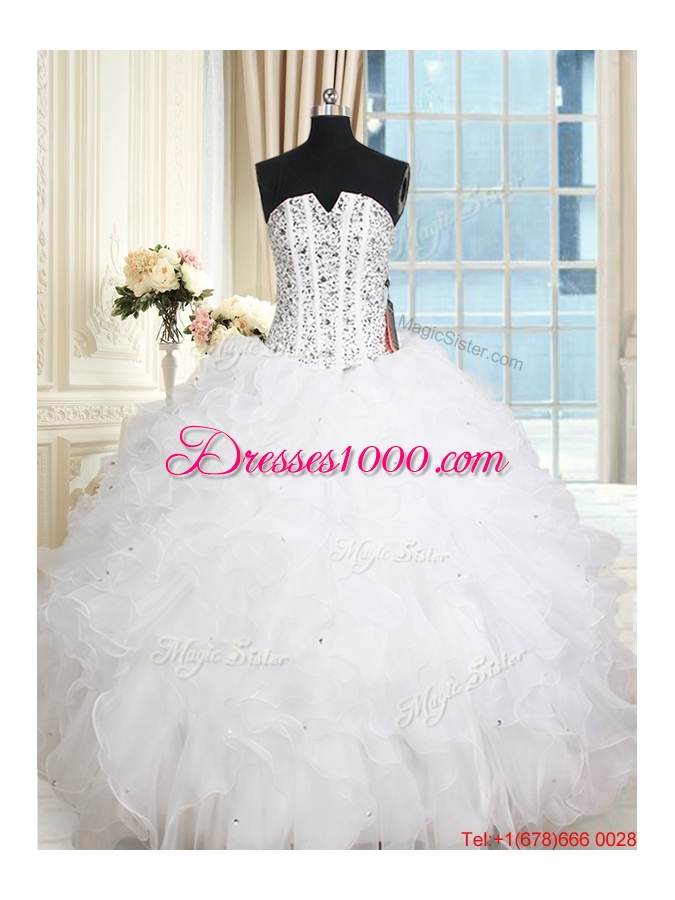 New Arrivals Visible Boning V Neck Beaded Bodice Ruffled White Quinceanera Dress