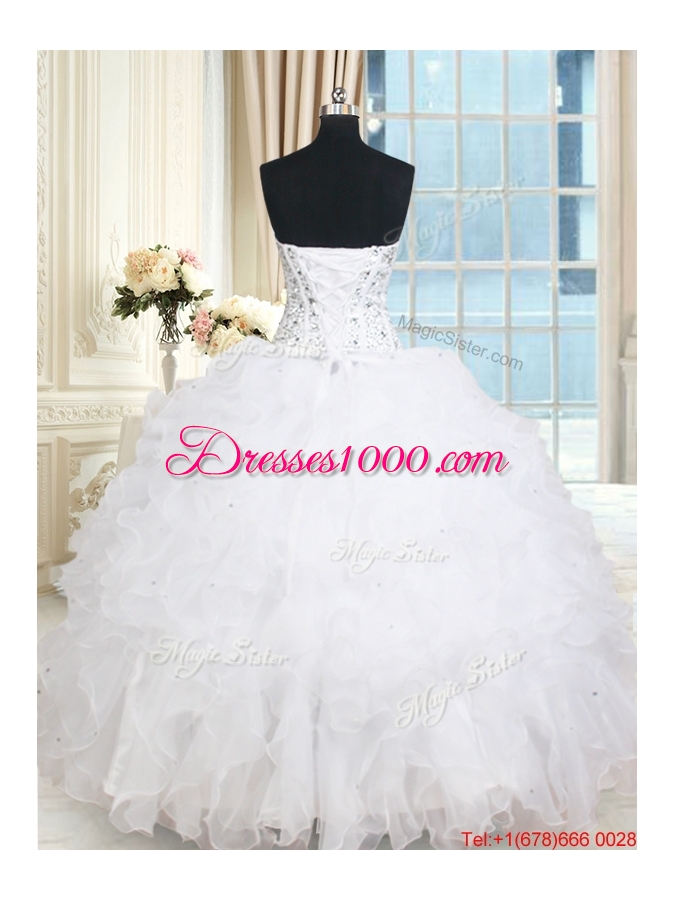 New Arrivals Visible Boning V Neck Beaded Bodice Ruffled White Quinceanera Dress