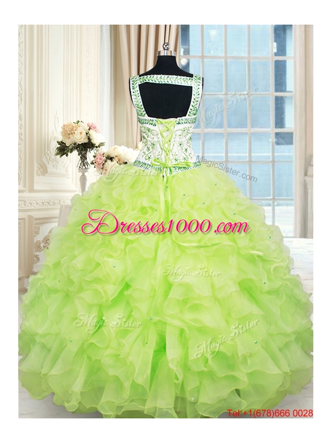 Popular Straps Organza Ruffled and Beaded Quinceanera Dress in Yellow Green