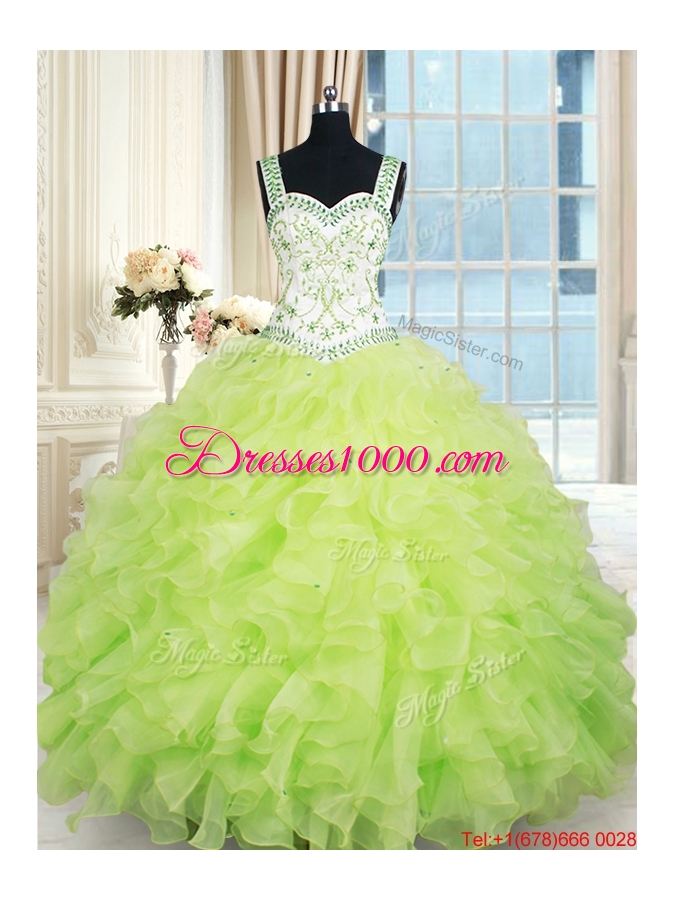 Popular Straps Organza Ruffled and Beaded Quinceanera Dress in Yellow Green