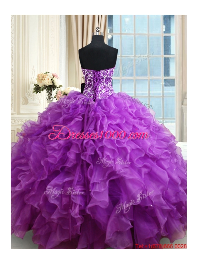 Pretty Organza Eggplant Purple Quinceanera Dress with Ruffles and Beading