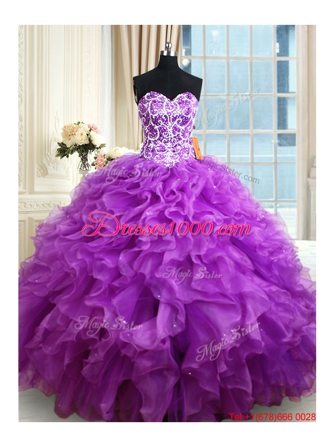Pretty Organza Eggplant Purple Quinceanera Dress with Ruffles and Beading