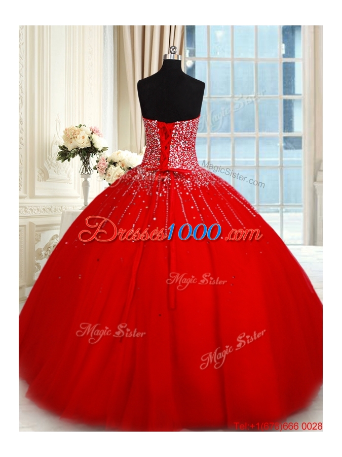 Romantic Big Puffy Tulle Beaded Bodice Red Quinceanera Dress with Sweetheart