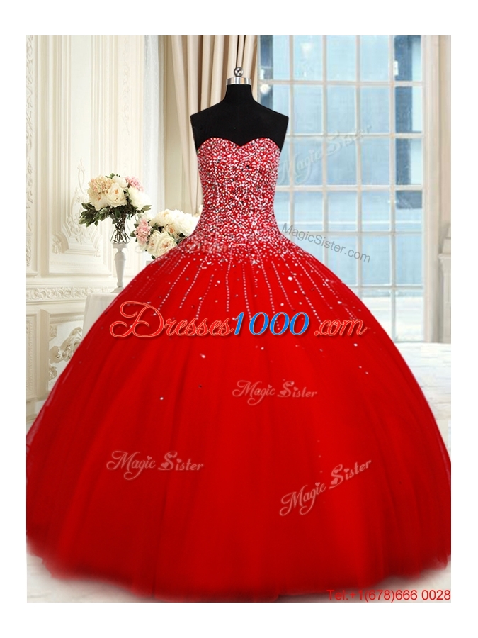 Romantic Big Puffy Tulle Beaded Bodice Red Quinceanera Dress with Sweetheart
