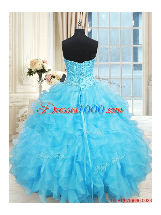 Exclusive Visible Boning Ruffled and Beaded Aqua Blue Quinceanera Dress in Organza
