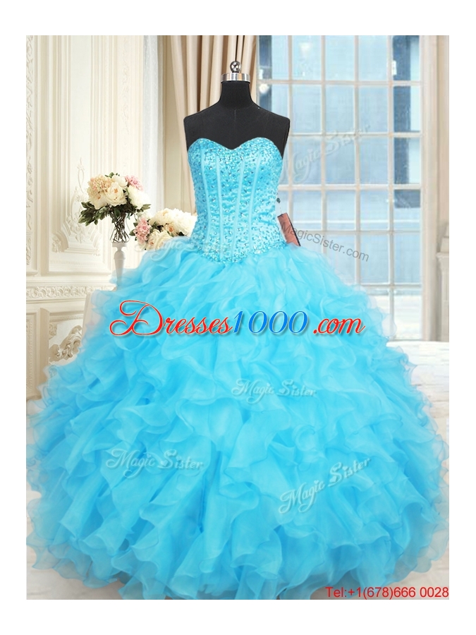 Exclusive Visible Boning Ruffled and Beaded Aqua Blue Quinceanera Dress in Organza
