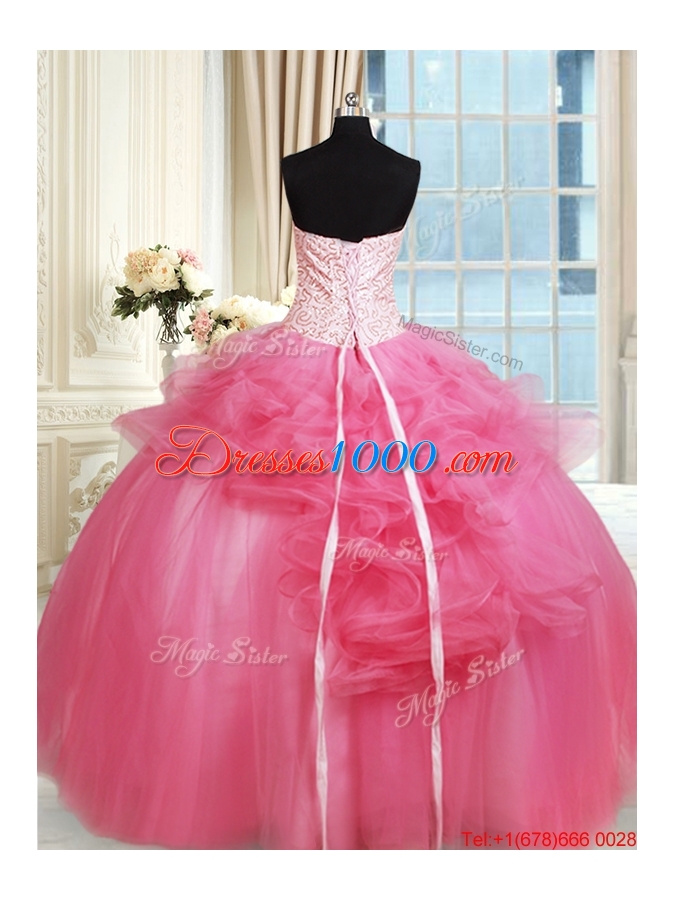 Affordable Beaded Strapless Hot Pink Quinceanera Dress with Appliques and Ruffles