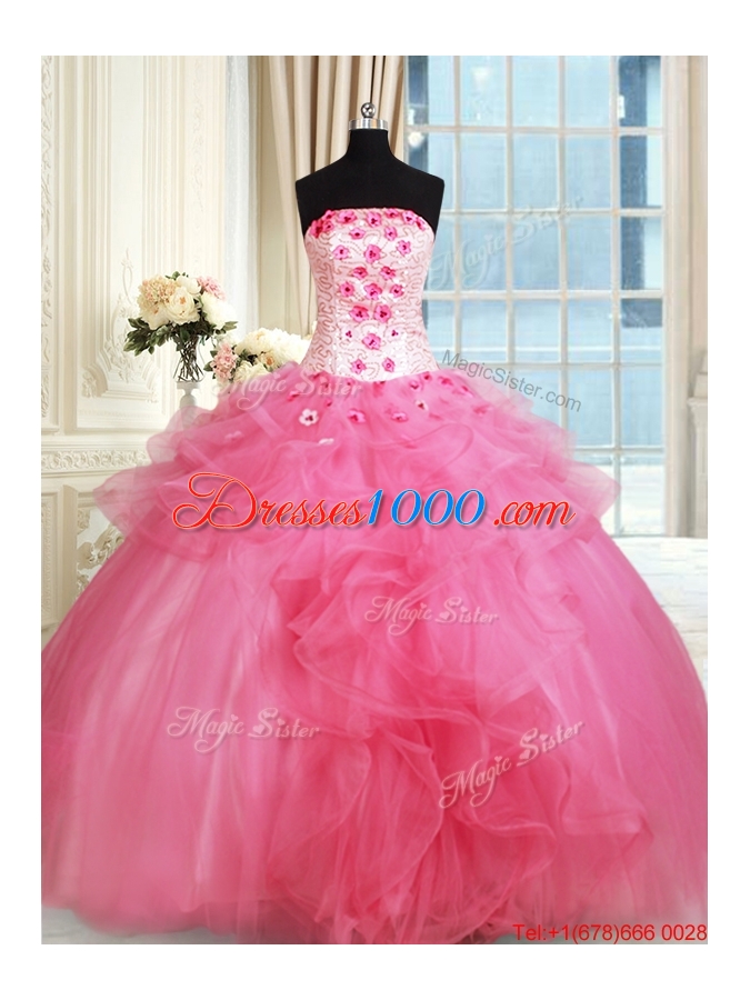 Affordable Beaded Strapless Hot Pink Quinceanera Dress with Appliques and Ruffles
