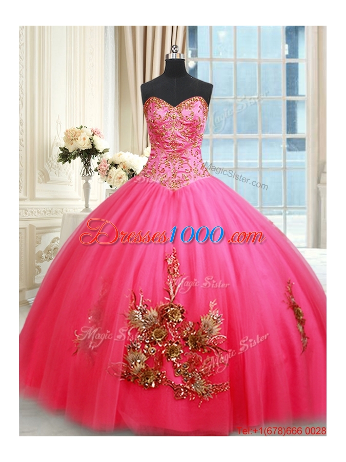 Affordable Really Puffy Hot Pink Quinceanera Dress with Appliques and Beading