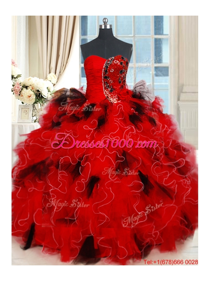 Classical Tulle Sequined and Ruffled Quinceanera Dress in Red and Black