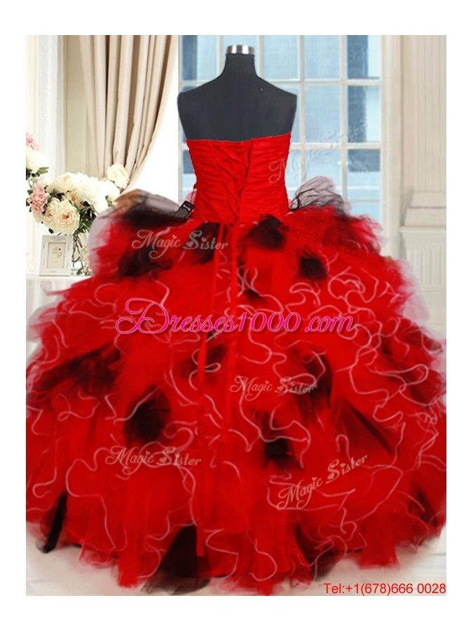Classical Tulle Sequined and Ruffled Quinceanera Dress in Red and Black
