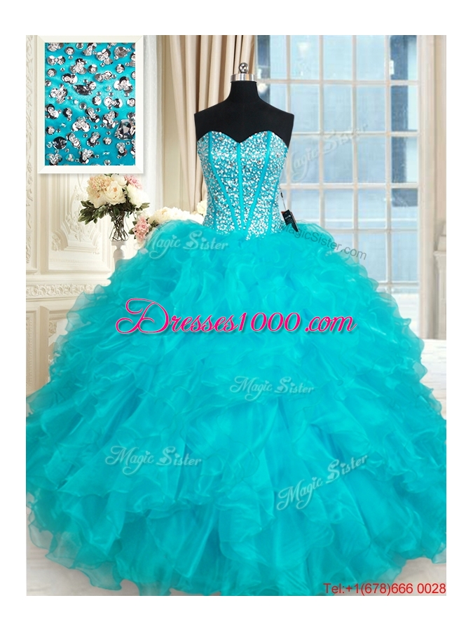 Designer Visible Boning Aqua Blue Quinceanera Dress with Ruffles and Beading