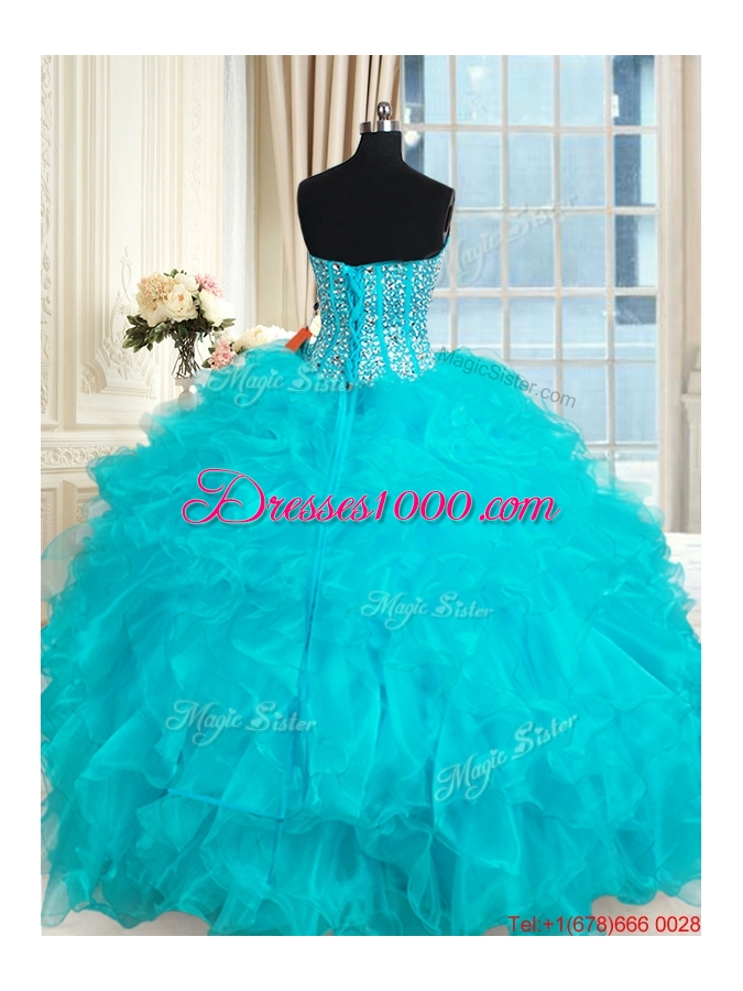 Designer Visible Boning Aqua Blue Quinceanera Dress with Ruffles and Beading