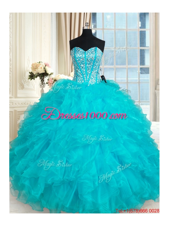 Designer Visible Boning Aqua Blue Quinceanera Dress with Ruffles and Beading