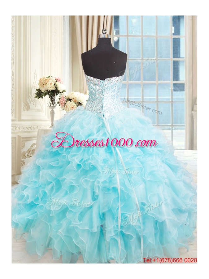 Designer Visible Boning Light Blue Quinceanera Dress with Ruffles and Beading