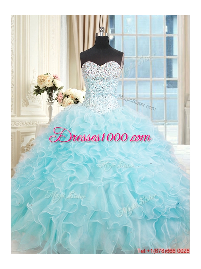 Designer Visible Boning Light Blue Quinceanera Dress with Ruffles and Beading