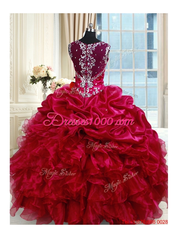 Discount See Through Back Straps Fuchsia Zipper Up Quinceanera Dress with Beading