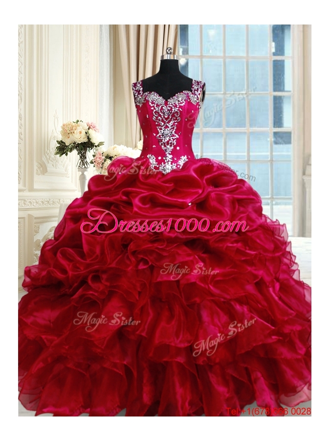Discount See Through Back Straps Fuchsia Zipper Up Quinceanera Dress with Beading