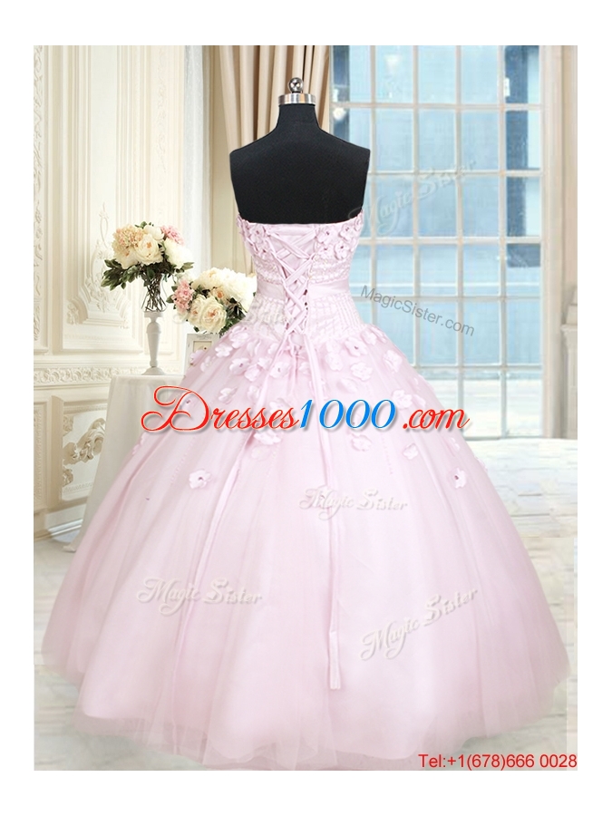 Elegant Strapless Baby Pink Tulle Quinceanera Dress with Appliques and Beading